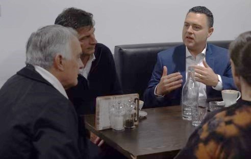 Meeting with Shadow Treasurer, Hon Angus Taylor, Sentaor Sarah Henderson (out of shot) and candidate for Aston Mr Manny at Schocolade Coffee Shop, Wantirna Ciccellio,
